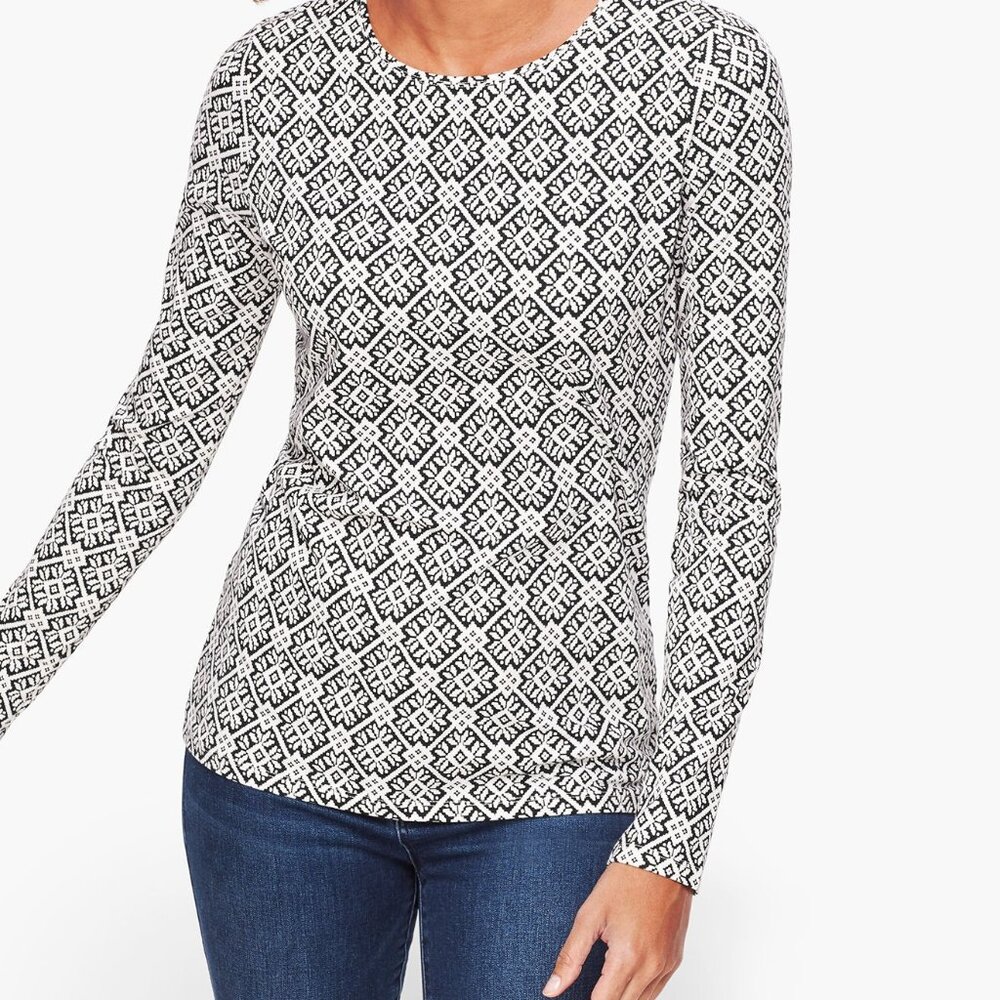 NWT The Talbots Tee Sz 1XP Black White Long Sleeve Crewneck Top Aztec Geometric